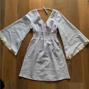 Venus Striped Bell Sleeve Dress with Lace Trim